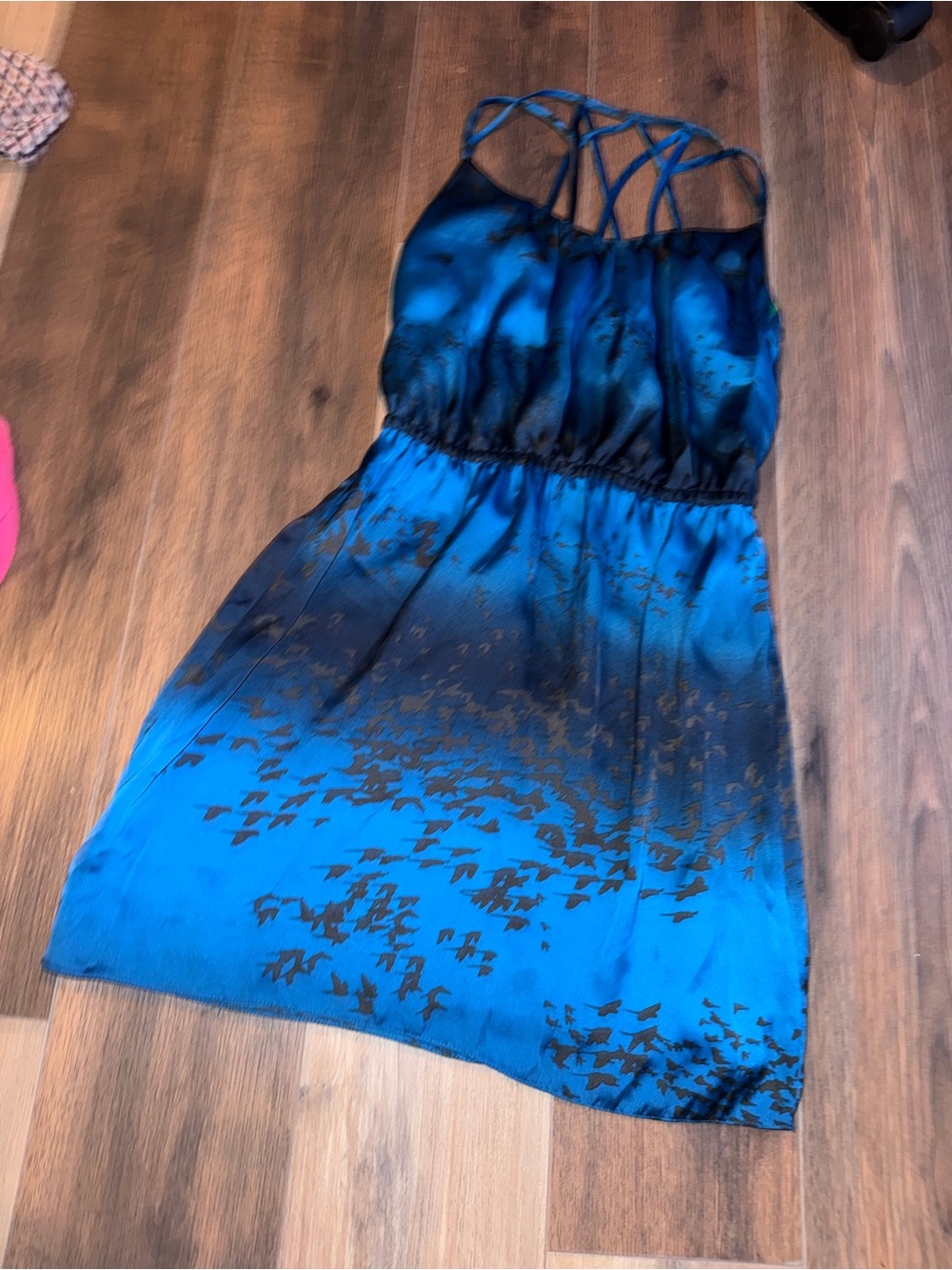 Rebecca Taylor Blue Strappy Silk Mini Dress with Black Bird Print